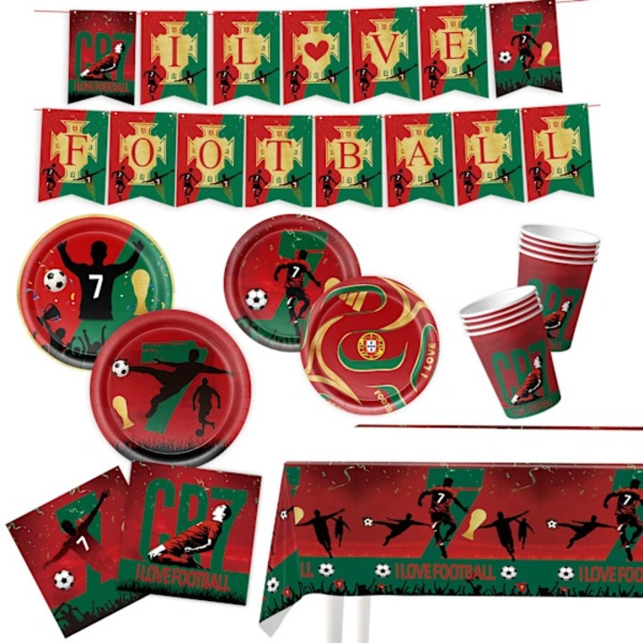 66 darab Portugália témájú parti dekoráció készlet, futball, tányérok, poharak, szalvéták, girland, piros/zöld