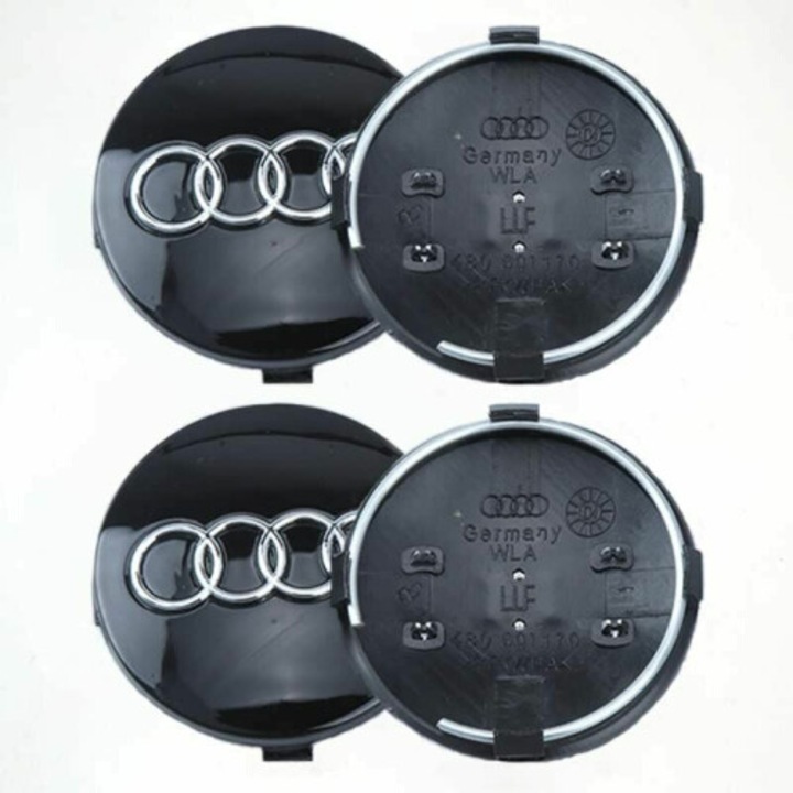 4 darabos készlet, keréktárcsa középső kupakok kompatibilis Audi A8/A6/A4 Quattro/A3/S8/S6/RS4/Q7 (60 mm) modellekkel, közvetlen csere, elegáns és kifinomult design, robusztus, fekete/ezüst