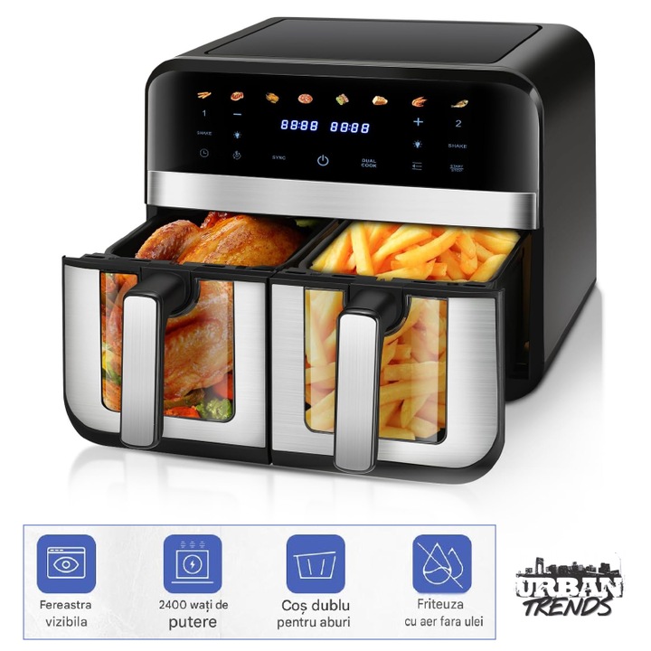 URBAN TRENDS® 9L Dupla Airfryer Fritőz, Olaj Nélkül, Prémium, 2000 W Teljesítmény, Smart Chef Technológia 8 Programmal, Kosarak Ablakkal, Maximális Hőmérséklet 200˚C, Melegen Tartás, Fekete, Ezüst