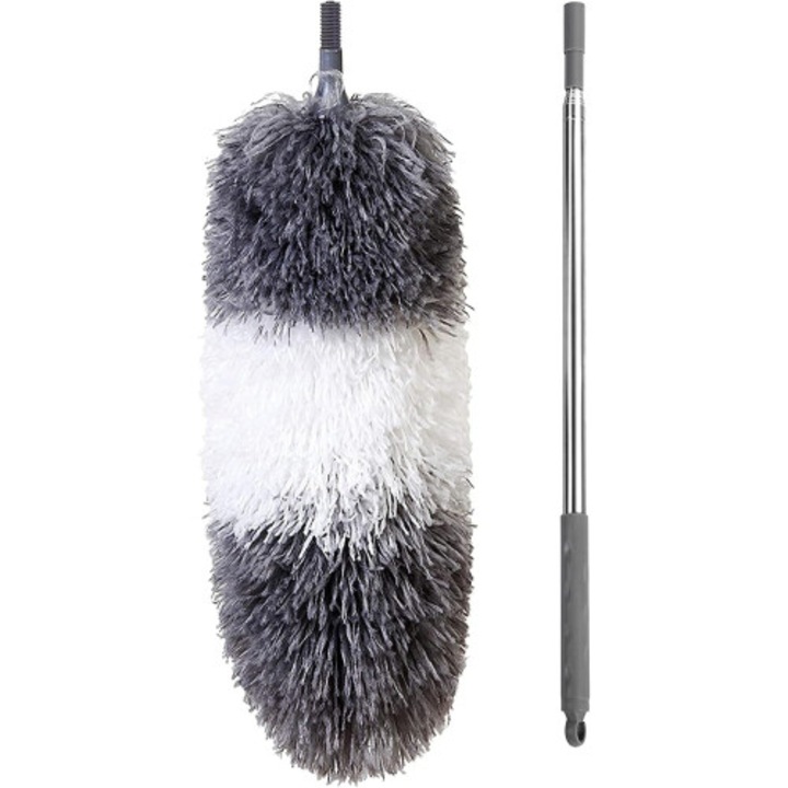 Perie pentru praf (plumeau) din microfibra lavabila, cap flexibil moale anti-zgarieturi, maner telescopic reglabil, gri/alb, 1 buc