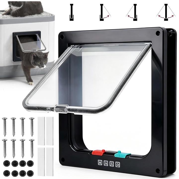 Usa batanta pentru animale de companie, 4 moduri de intrare/iesire, design transparent, ABS, pentru pisici si caini de talie mica.Durabil, de lunga durata, impermeabil, reduce zgomotul.Se instaleaza pe ferestre, usi, dulapuri, panouri si pereti.Negru