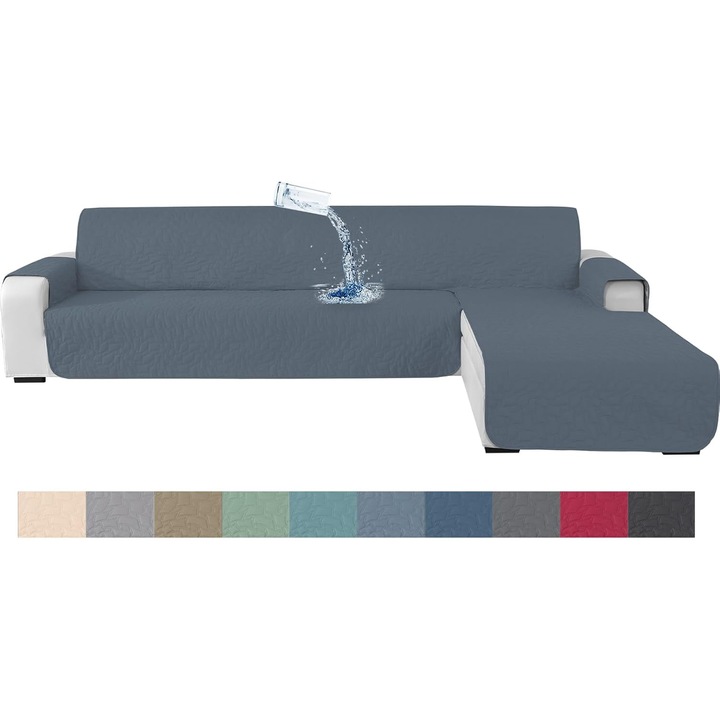 Husa impermeabila pentru canapea coltar Ystyle, 3+1 locuri, 255 cm, Reversibila, Antiderapanta, Matlasata, Rezistenta la zgarieturi, Poliester, culoare Gri albastrui