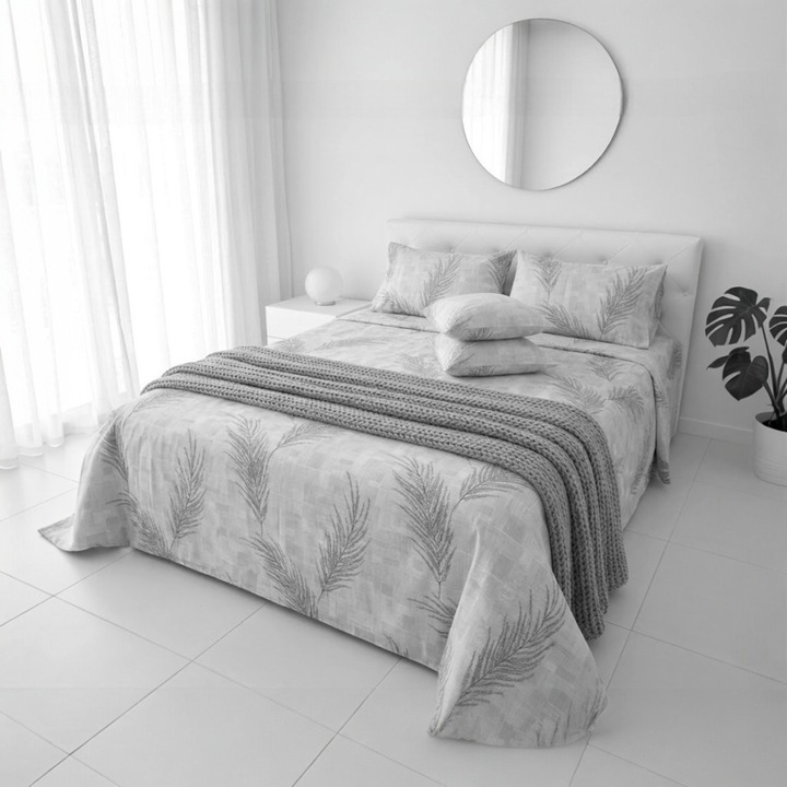 Lenjerie de pat, Casa Bumbac Textil by Edural, 6 piese, gri, model botanic, bumbac ranforce 100%