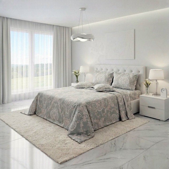Lenjerie de pat, Casa Bumbac Textil by Edural, 6 piese, model floral baroc, cearsaf 240 x 260 cm, 100% bumbac ranforce