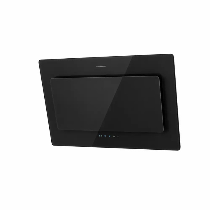 Hota decorativa premium GALVAMET, Blade, 754 m3/h, clasa A, latime 60 cm, mod recirculare/evacuare, iluminare LED, aspiratie perimetrala, 3 trepte viteza, functie Booster, panoul touchscreen, oprire automata, filtru anti-grasime, negru