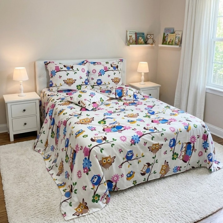 Lenjerie de pat cu bufnite, Casa Bumbac Textil by Edural, 6 piese, 240 x 260 cm, 100% bumbac ranforce