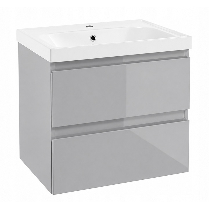 Dulap de baie suspendat cu lavoar DomoDomo Diamente, mobilier de baie, fronturi MDF lacuite, lavoar ceramic rezistent la zgarieturi, gri lucios, 60x45x65 cm