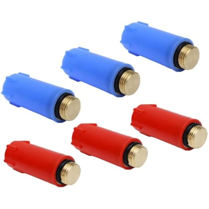 Dopuri filetate 1/2 inch pentru tevi, cu filet din alama si inel de etansare, rezistente la umezeala si coroziune, rosu/albastru, 6 bucati