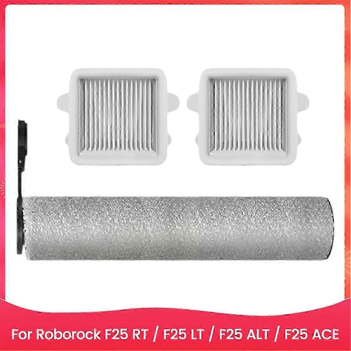 Set 3 piese, perie rotativa si 2 filtre hepa pentru Roborock F25 RT/F25 LT/F25 ALT/F25 ACE, perie roller din plastic, filtre pentru praf fin, gri/alb, 1 x perie, 2 x filtru