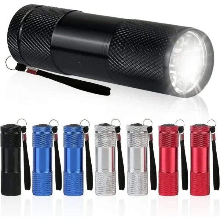 Set 8 bucati, Lanterna LED mini din aluminiu, 9 LED, 45 lumeni, IP65 rezistenta la apa, cu snur, Multicolor, 8 x 28x95 mm
