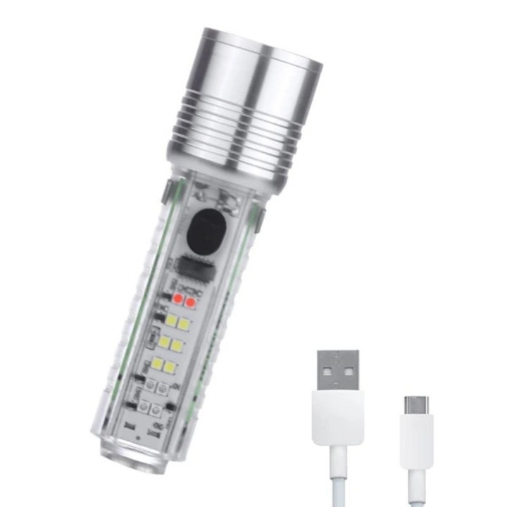USB újratölthető lámpa, fehér lézer, piros és lila LED, zöld, 34x34x116mm