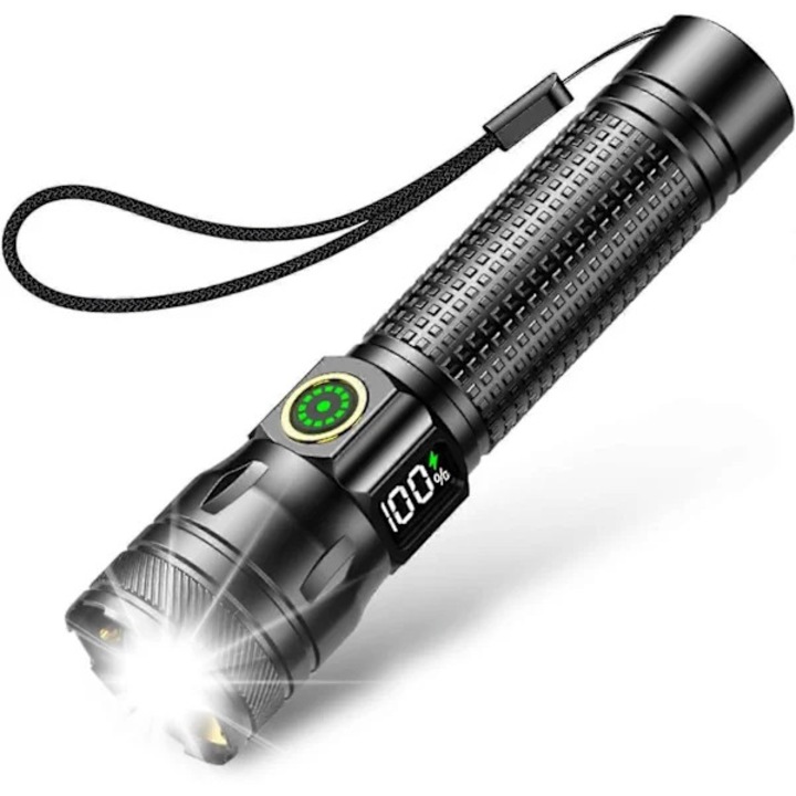 Lanterna/flashlight LED reincarcabila 2000LM, USB-C, carcasa aluminiu, zoomabila, 3 moduri (High/Medium/Strobe), LCD afisaj baterie, IPX6 rezistenta la apa, Negru, 1 buc
