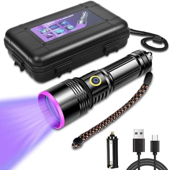 Lanterna UV 365nm 30W, filtru multi-strat pentru puritate UV, reincarcabila USB-C, baterie 3000mAh, raza peste 8 m pentru detectie, Negru, 1 buc