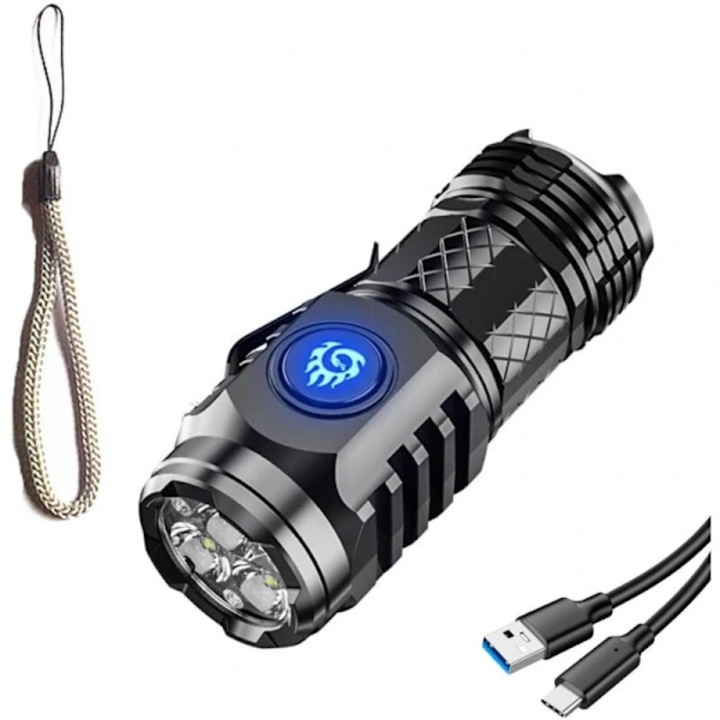 Újratölthető hordozható LED lámpa, mini zseblámpa 3 LED-del, 20W, 5 mód, belső 18350 akkumulátor, Type-C töltés, acél ház, fekete, 1 darab
