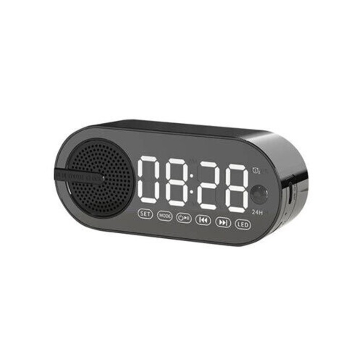 Ceas de masa cu alarma si boxa Bluetooth 5.0, radio FM, slot card TF, lumini multicolore, alarma dubla cu snooze 5 min, baterie 36h, sunet surround si bass puternic, Roz, 11.6x5.1x3.3 cm