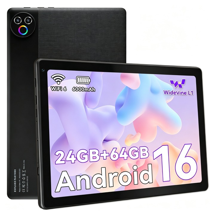 Tableta Android 15 Wqplo KB1001 ecran 10.1" HD, memorie RAM extinsa 24GB, stocare ROM 64GB extensibil pana la 1TB, certificat Widevine L1, WiFi 6 si Bluetooth 5.4,6000mAh, doua difuzoare stereo