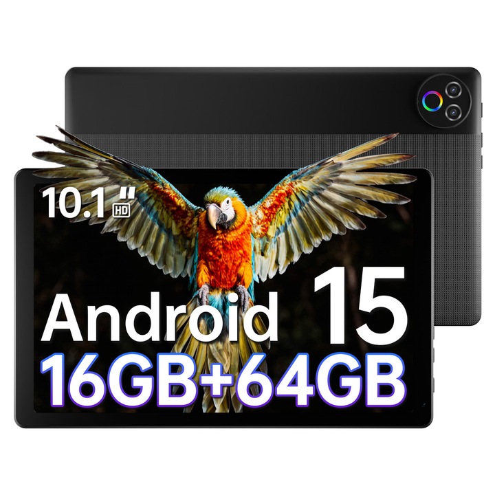 Tableta TT.KIDS KB1001, Android 15, 10,1 inci cu rezolutie 1280×800, 20 GB RAM + 64 GB spatiu de stocare, baterie de 5000 mAh, camera dubla 5 MP + 8 MP, suporta extindere cu card TF pana la 1 TB, negru