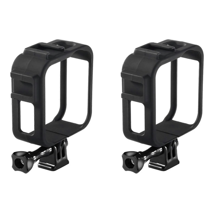 Set 2 bucati, Cadru de protectie / carcasa pentru GoPro Max, din ABS, cu cold shoe dublu si deschidere laterala pentru USB/Micro-SD/HDMI, Negru
