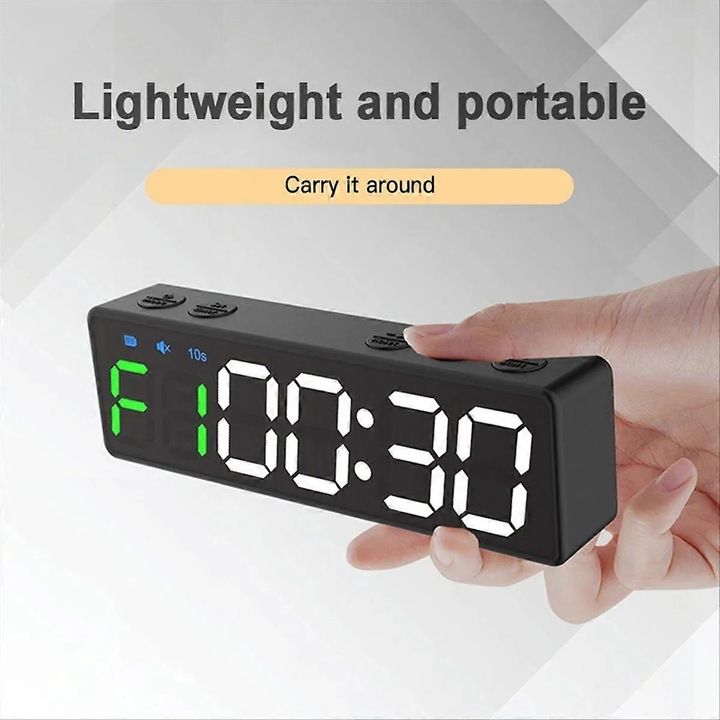 Cronometru digital reincarcabil, ceas de antrenament portabil Mini Gym, afisaj LED foarte luminos, baterie 1500mAh reincarcabila, incarcare USB Tip-C, spate magnetic, moduri preprogramate HIIT/TABATA, Negru, 1 buc