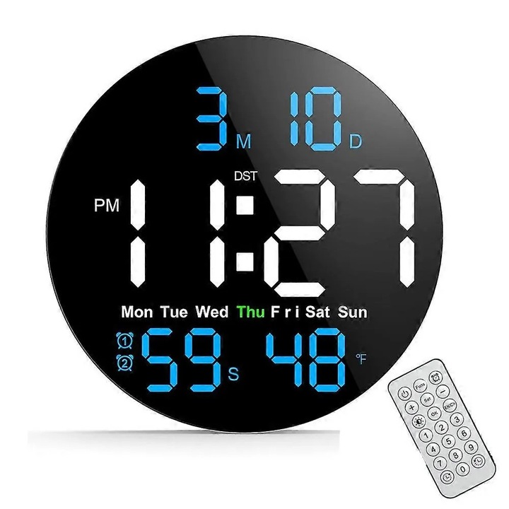 Digitális falióra, nagy LED kijelző, fekete, 25x15cm, időzítő funkció és kettős ébresztő