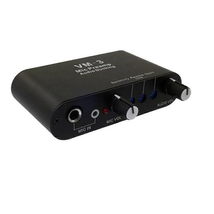 Preamplificator microfon audio ducking negru 12V-24V aluminiu