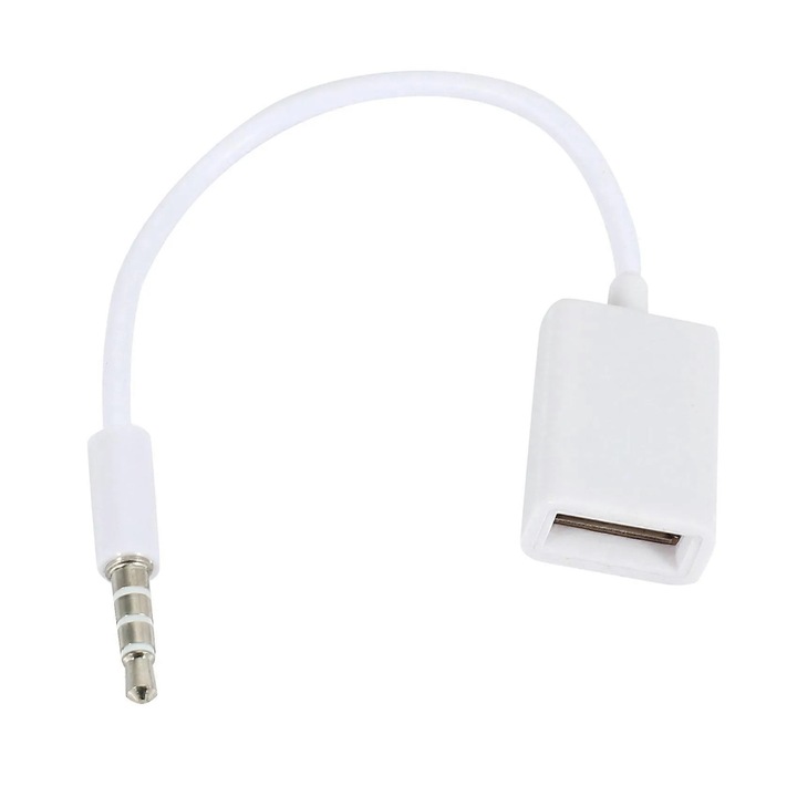 USB 2.0 adapter kábel 3.5mm jackhez, audio adapter dugó-aljzat, sztereó autóhoz, hossza 14.5 cm, PVC, Fehér, 2 darab