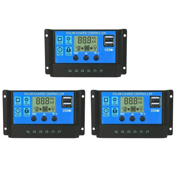 Szett 3 darab, Napelemes töltésvezérlő 100A, PWM, kompatibilis 12V/24V, kettős USB porttal és LCD kijelzővel, többszörös védelemmel, Kék, 3 x 1 db
