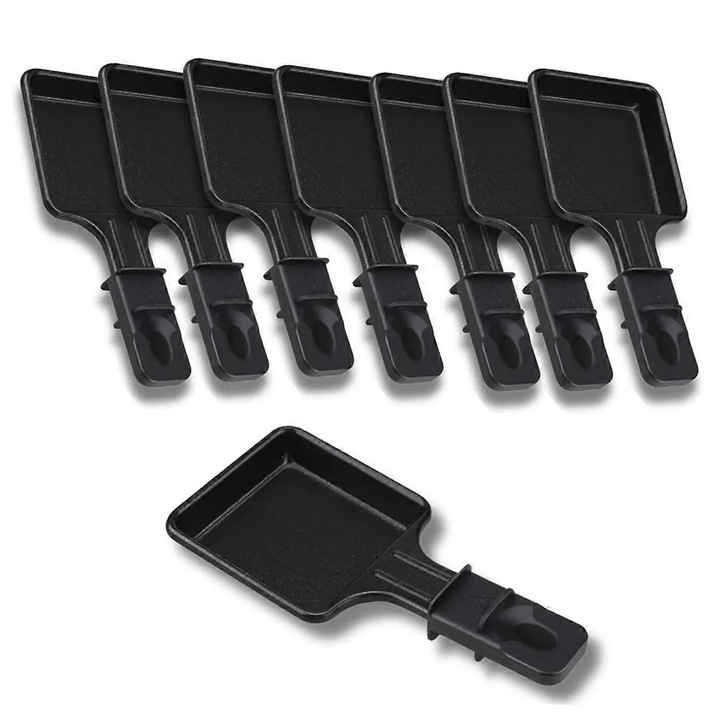 Set 8 bucati, Tavita raclette/tava antiaderenta compatibila Tefal, din otel carbon, maner rezistent la caldura, Negru