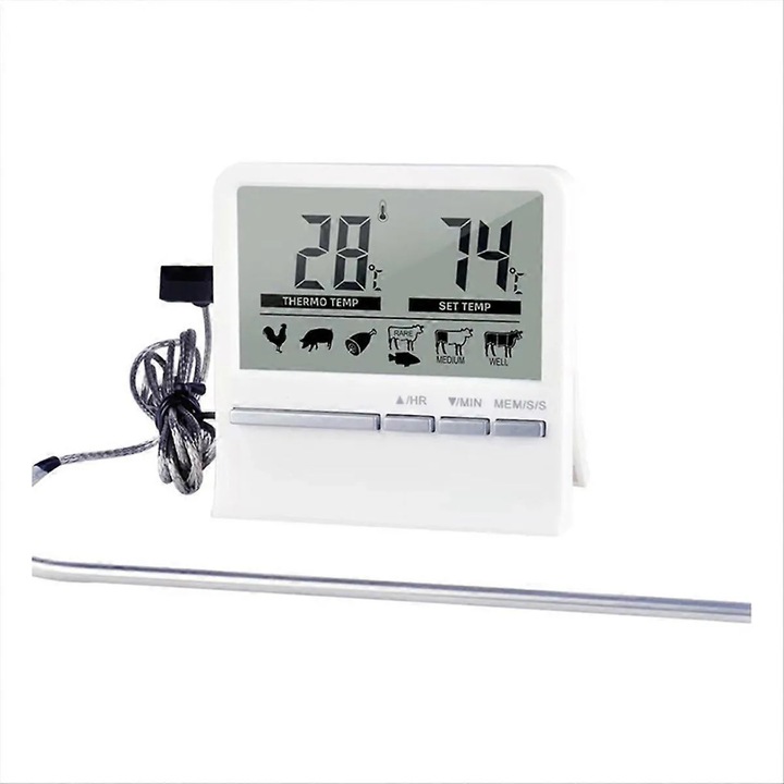 Termometru digital de bucatarie, gama 0–250°C (32–482°F), sonda din otel 1 m (diam. 4 mm), afisaj LCD cu temporizator 99h59m, conversie ℃/℉, alb, 1 buc