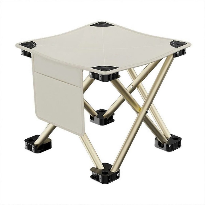 Scaun pliabil de camping, taburet portabil ultrausor, material Oxford 600D, structura din otel, cu buzunar pentru telefon, Alb, 23x28x28 cm, 1 buc