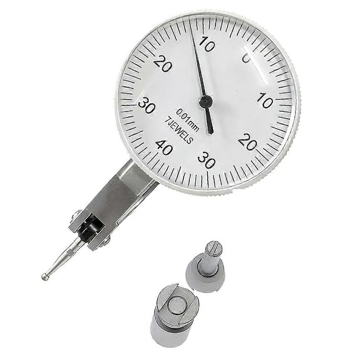 Nagyméretű számlapos mérőóra 0-0.8 mm, nagy pontosságú mérőműszer szondával, 0,01 mm osztás, sárgaréz test, ezüst, 1 db