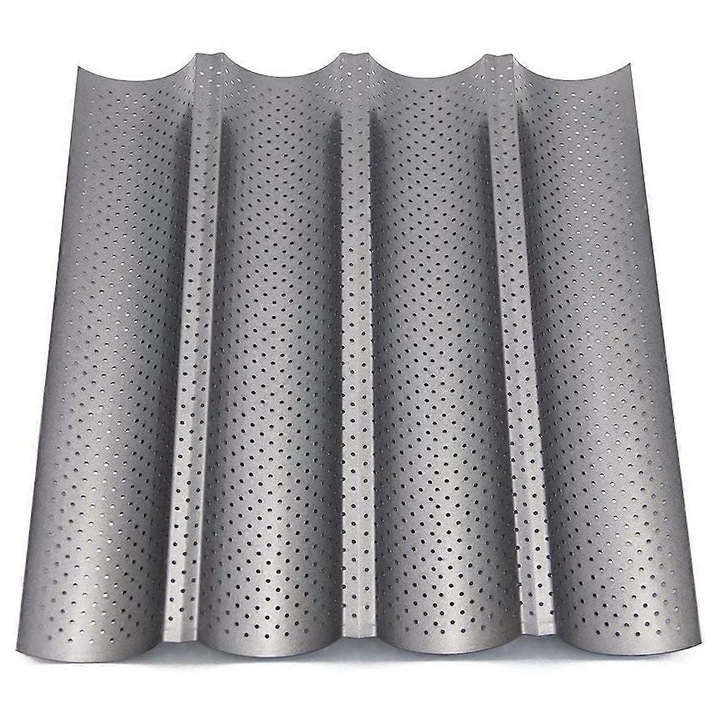 Tava de copt pentru baghete, tava pentru paine 32 x 38 cm, otel inoxidabil, perforata cu strat antiaderent, argintiu, 1 buc