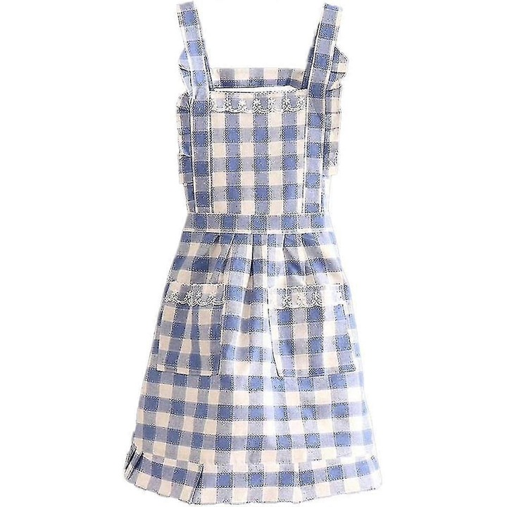 Sort cu pieptar (sort de bucatarie) din bumbac, dublu strat, cu buzunare si volanas, retro, albastru/alb, marime unica