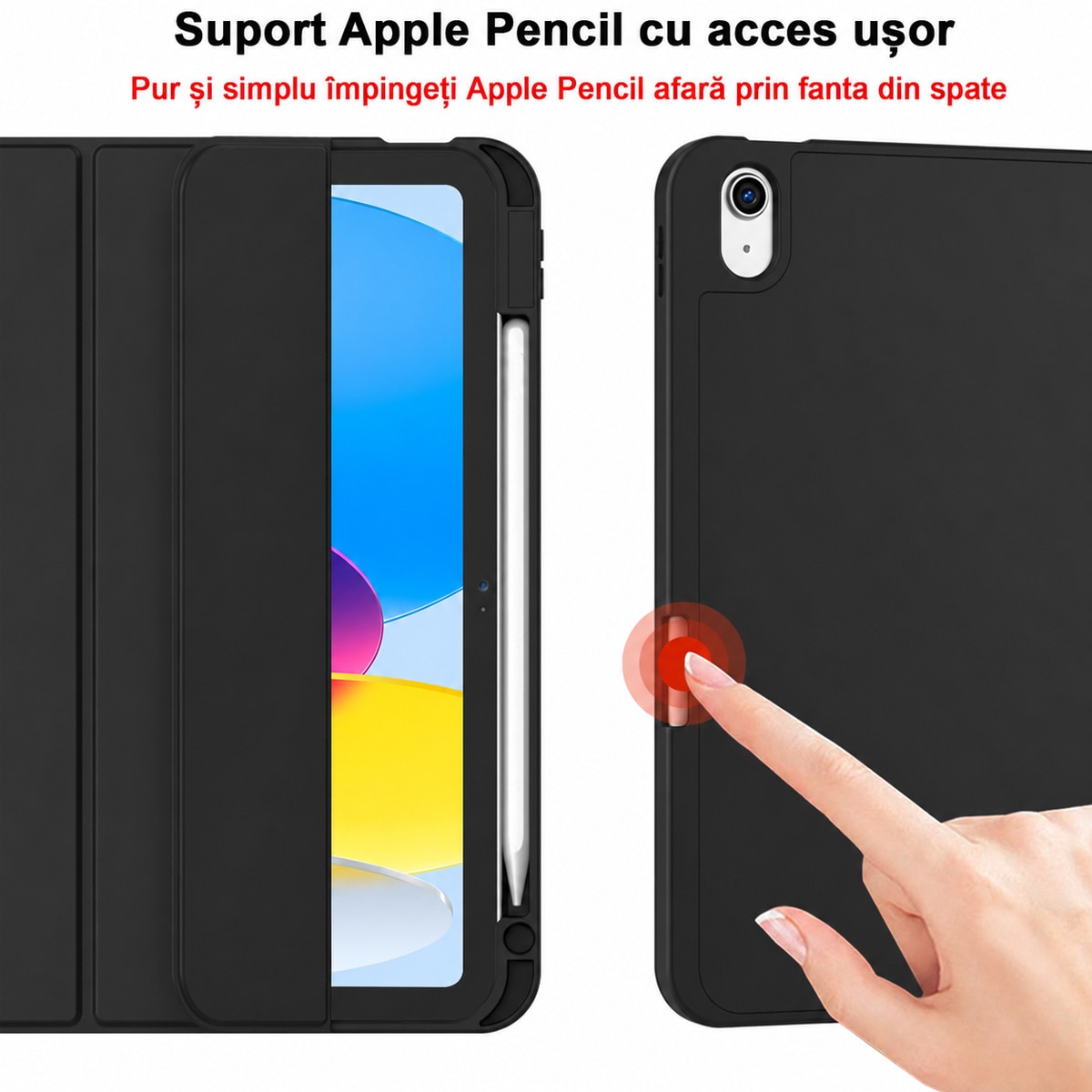 FooFoony Husa iPad (A16) / Husa iPad a 10-a generatie [11 inch 2025/10.9 inch 2022] cu suport pix, husa inteligenta cu spate moale din TPU [accepta activare/dezactivare automata] (Negru nou)