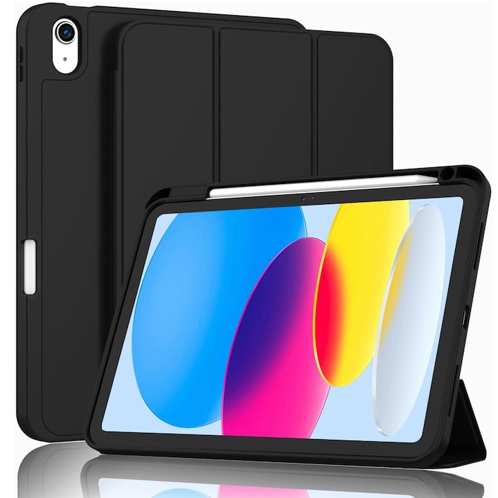 FooFoony Husa iPad (A16) / Husa iPad a 10-a generatie [11 inch 2025/10.9 inch 2022] cu suport pix, husa inteligenta cu spate moale din TPU [accepta activare/dezactivare automata] (Negru nou)