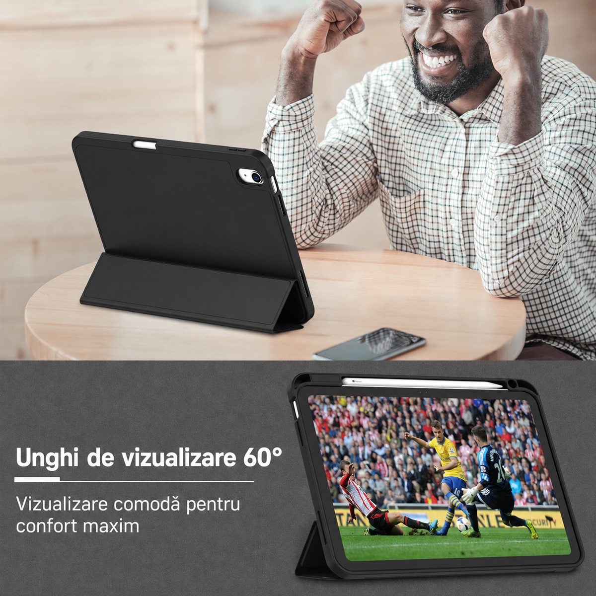 FooFoony Husa iPad (A16) / Husa iPad a 10-a generatie [11 inch 2025/10.9 inch 2022] cu suport pix, husa inteligenta cu spate moale din TPU [accepta activare/dezactivare automata] (Negru nou)