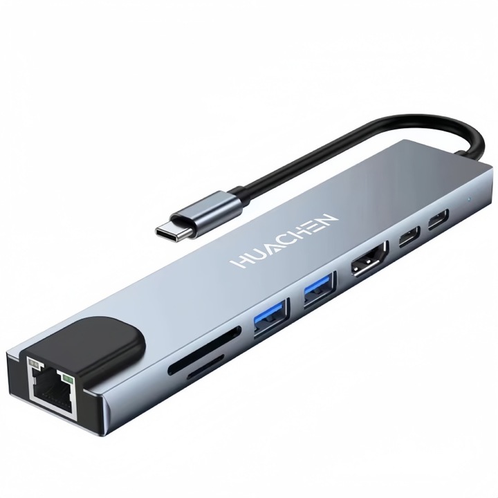 Докинг станция / USB-C хъб HUACHEN 8-в-1 Type-C, HDMI 4K@30Hz, четец на SD/TF карти, USB 3.0 5Gbps, Ethernet RJ45 100Mbps, PD 87W, сребристосив