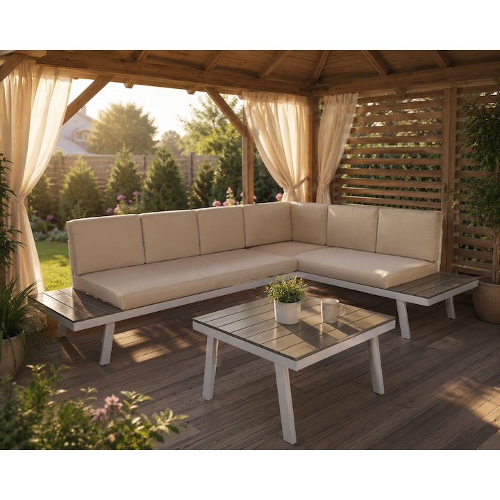 Set Mobilier Gradina - Coltar Relaxa LC din metal si masuta de cafea, 255 x 182 x 65