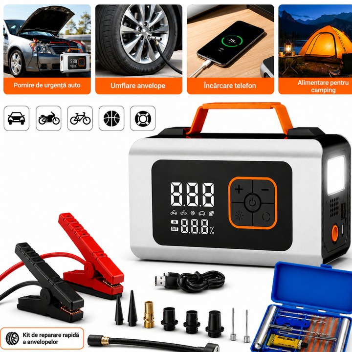 Pompa de aer auto portabila Loveland, 3 in 1, acumulator 6000mAh, 150 PSI, debit 20L/min, ecran digital, manometru, lanterna LED, oprire automata, incarcare USB, 7 accesorii, pentru anvelope masina, bicicleta, mingi