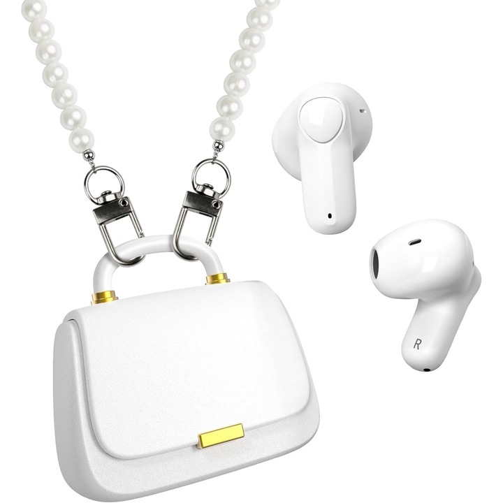 ANCwear vezeték nélküli Bluetooth fülhallgató mini táska tokkal és gyöngyös lánccal, Bluetooth 5.3, DIY matricák, 22 óra üzemidő, Gyöngyházfehér