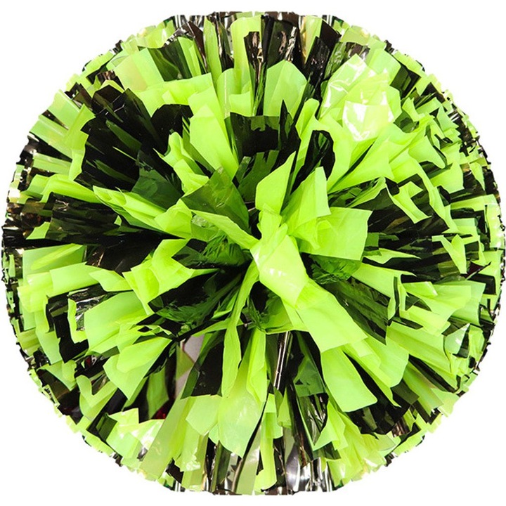 Set pompoane pentru majorete din plastic metalizat, reutilizabile, cu inel pentru prindere – 6 bucati, Negru/Verde, O30 cm