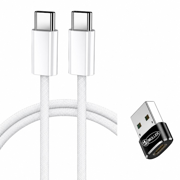 Cablu de Date si Incarcare, Type-C la Type-C, 5A, Super Fast Charging, 1 m, Alb, Compatibil Samsung S20 si S21 Series, Huawei, Oppo + OTG Müller® USB la Type C
