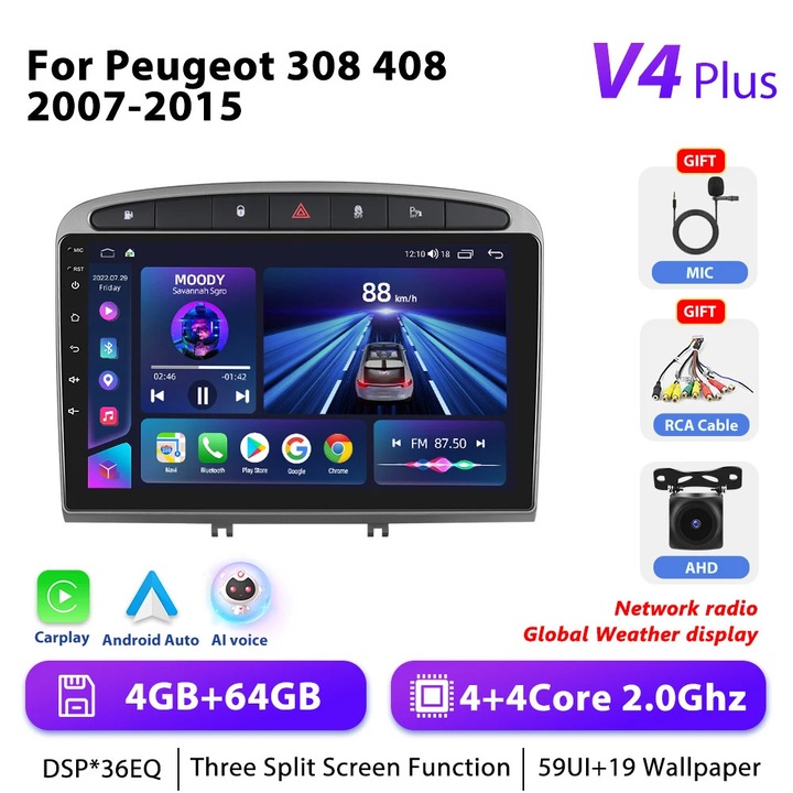 Radio auto Android Double-DIN pentru Peugeot 307, ecran tactil 9" (22, 9 cm), 4 GB RAM, 64 GB, Bluetooth, 2.0 GHz