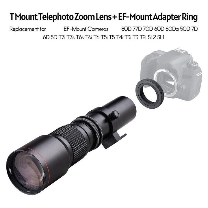 Обектив супер телефото 500mm F8-32 ръчен многослоен зуум EF адаптер черен