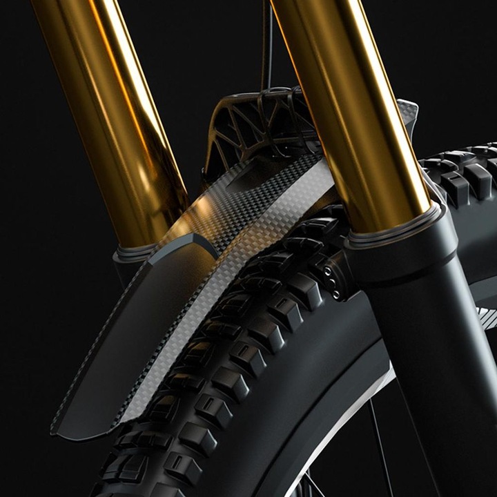 Aparatoare noroi rigida scurta pentru MTB, model cu aspect fibra de carbon, din material usor si durabil, latime extinsa, compatibila cu furci ≥70 mm, cu 12 bride de prindere, Negru/Carbon, 2 bucati