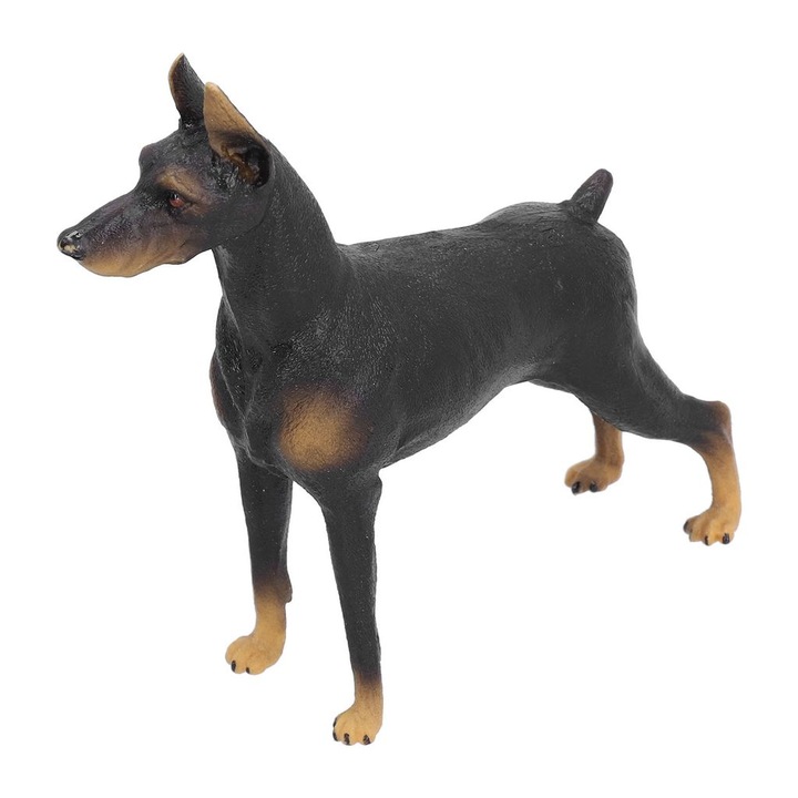 Figurina doberman model miniatura din plastic, realista, in picioare, negru/maro, 1 buc, 20 x 15.7 x 4.3 cm