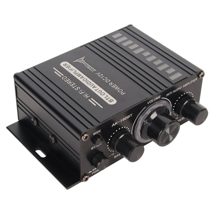 AK-160BT audio erősítő, Bluetooth 5.0, 20W x 2, autóba és otthonra, alumínium, 20 Hz-20 kHz, 12V, Fekete