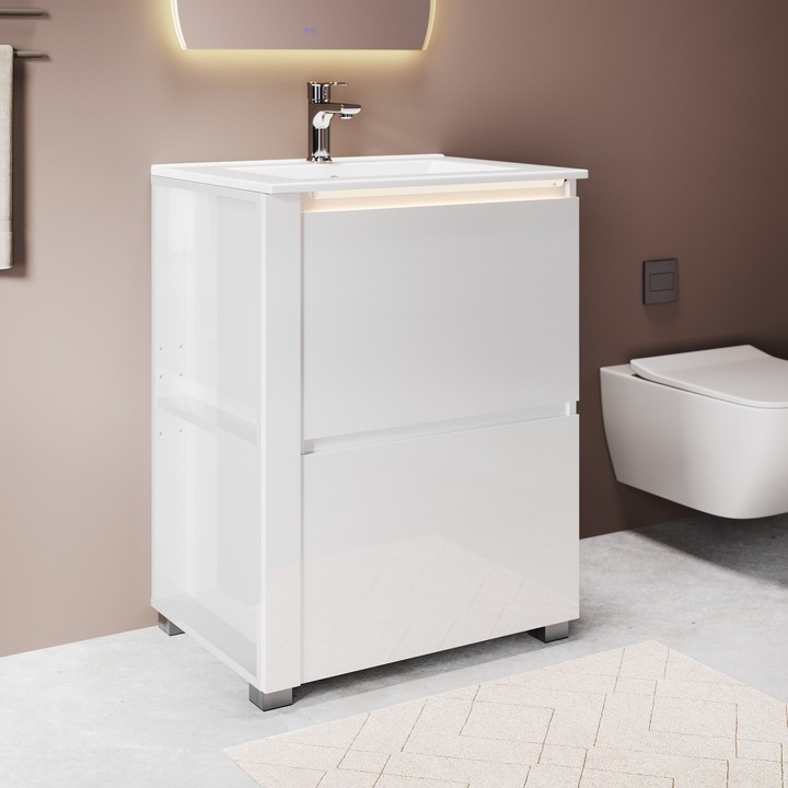 SONNI Dulap baie de pardoseala cu lavoar ceramic, 4 sertare, finisaj UV lucios, iluminare LED cu senzor, 60 x 50 x 80 cm