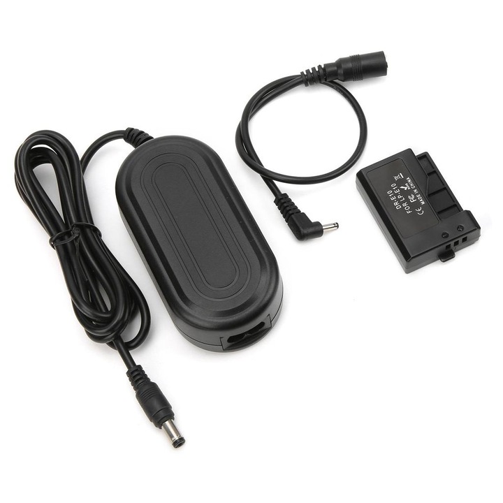 Adaptor alimentare AC/DC cuplaj DC LPE10, cu cip complet decodat, compatibil Canon 1100D/1200D/1300D/1500D/3000D/4000D, Kiss X50/X70, Rebel T3/T5/T6/T7, cu protectii scurtcircuit/supratensiune/supracurent, negru, 1 set