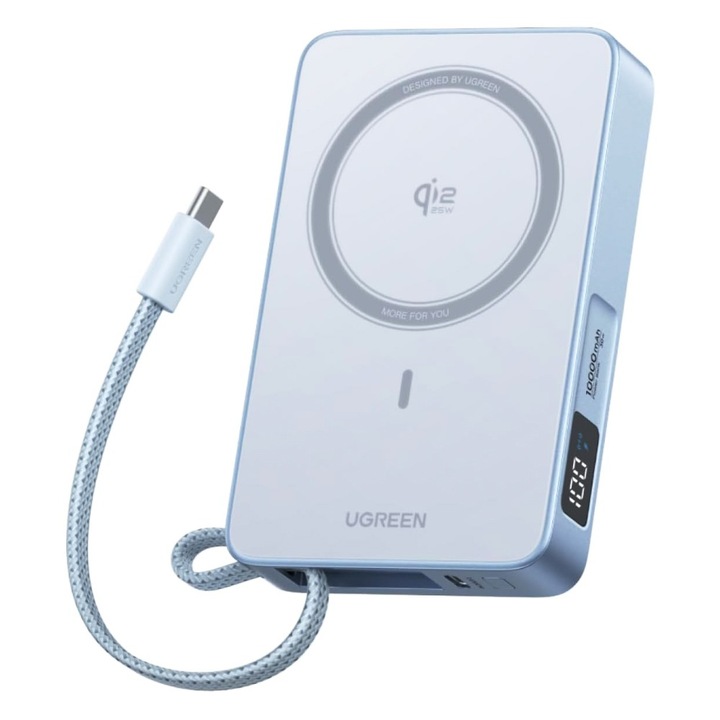 Baterie wireless externa Ugreen PB773, Incarcare rapida, MagSafe, 10000mAh, USB-C, 25W, cablu USB-C incorporat, Albastru